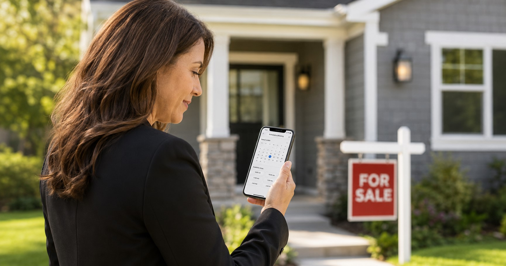 Real estate agent checking an automated appointment scheduling calendar on a phone before a showing
