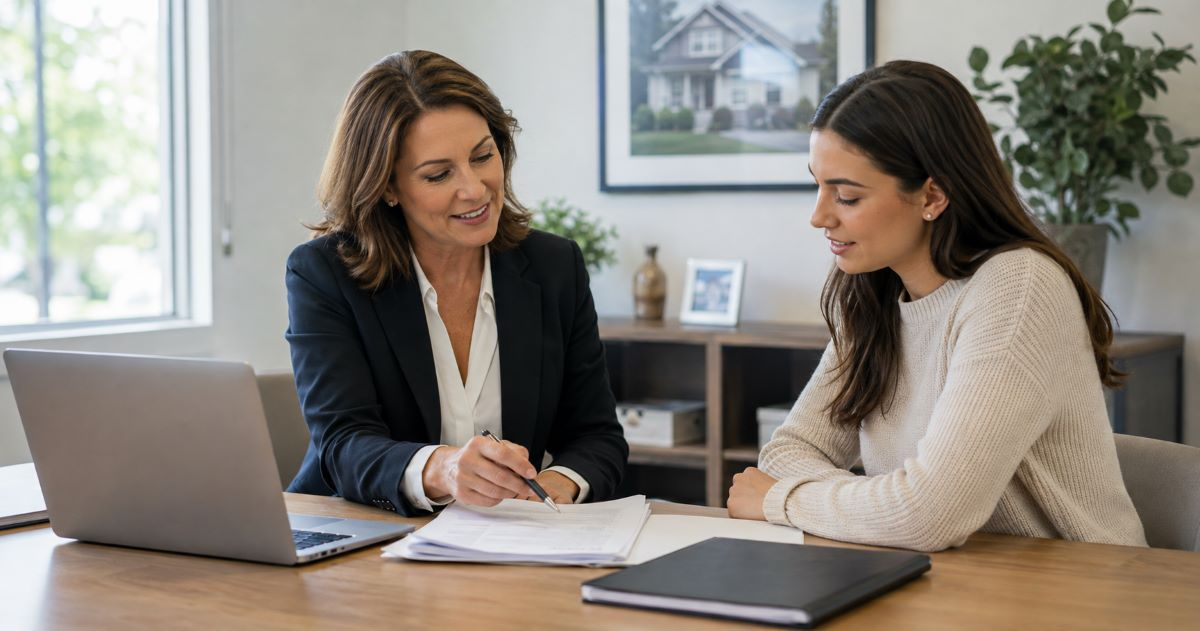 Real estate agent reviewing home financing options with a first-time home buyer
