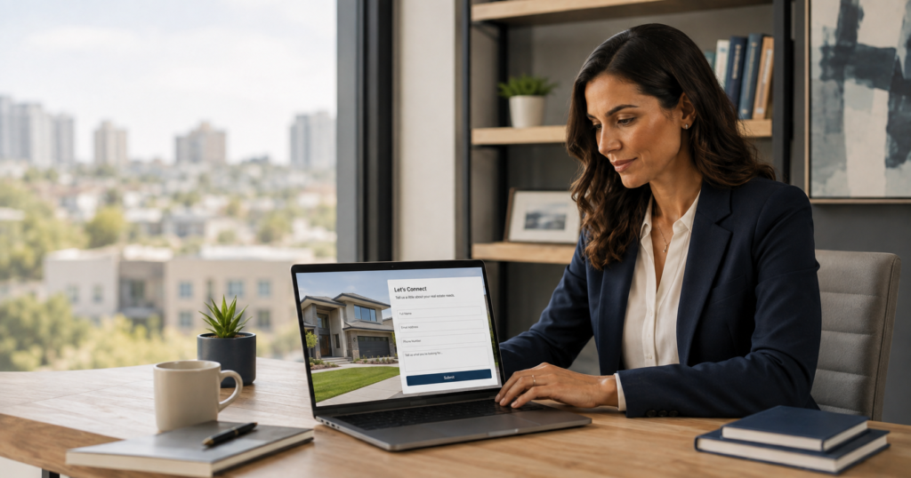 Realtor reviewing a website contact form and lead capture page on a desktop monitor