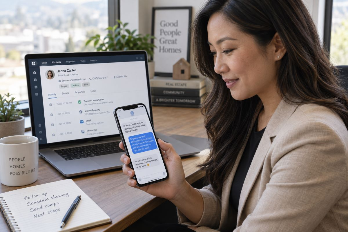 Realtor reviewing a lead follow-up sequence on a phone and CRM dashboard