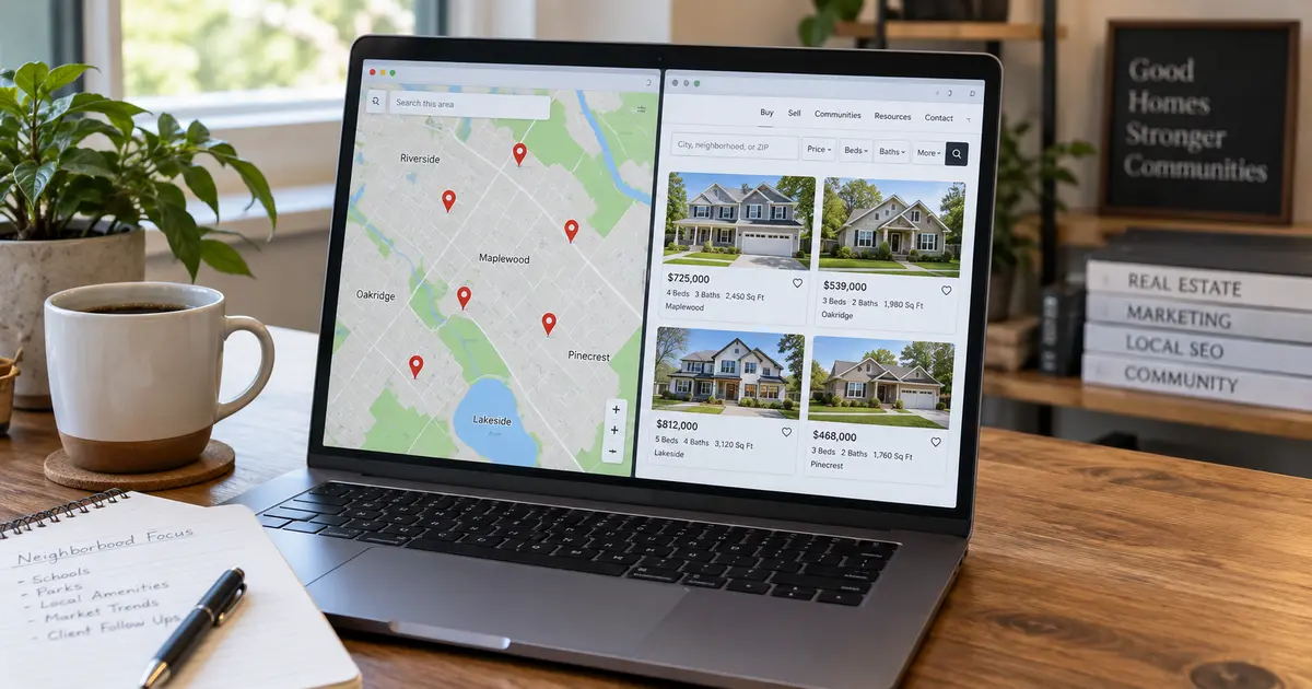 Realtor local SEO strategy shown as a neighborhood map beside a real estate website