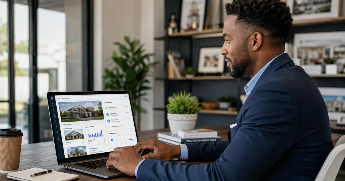 Realtor using AI in real estate marketing on a laptop at an office desk