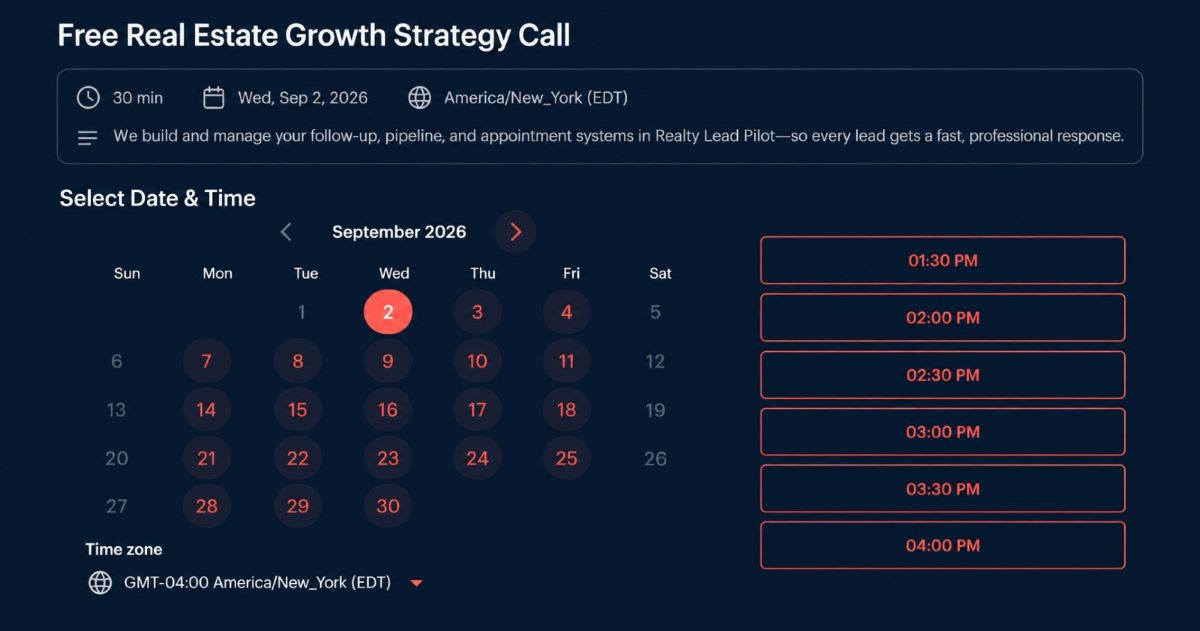 A calendar scheduling page so the lead can make an appointment
